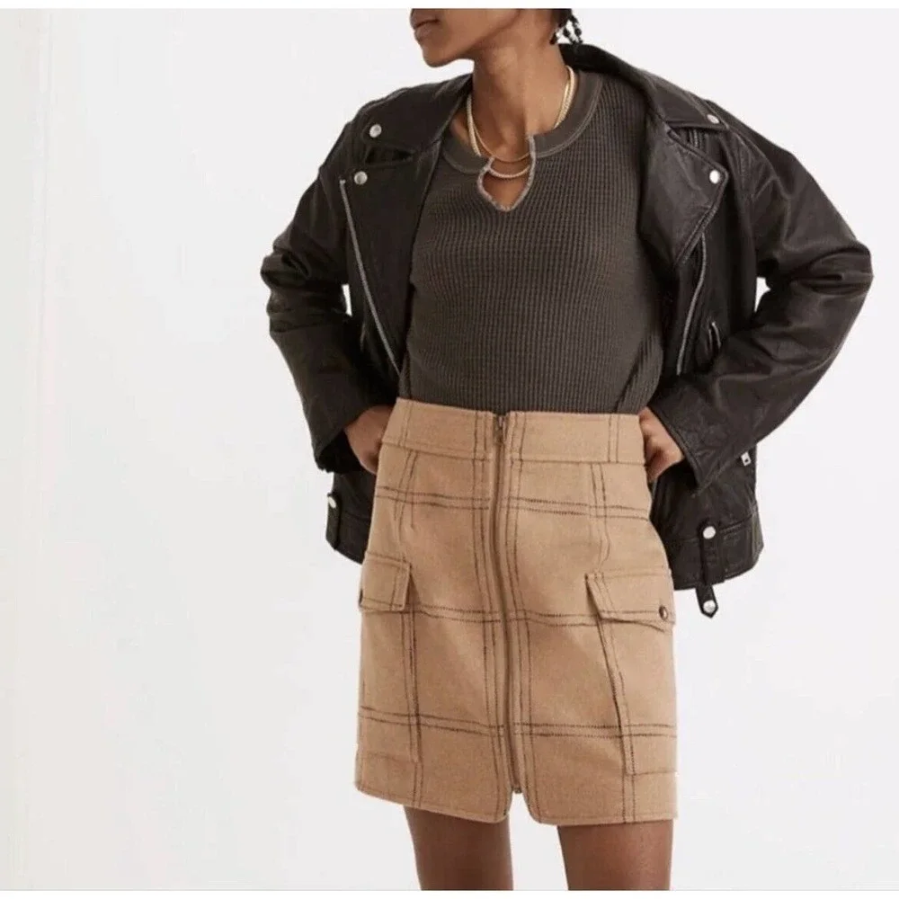 Madewell Zip Front Windowpane Mini Skirt Size 6 NWT Camel Brown Wool